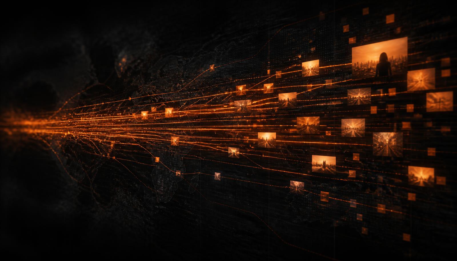 Video frames streaming across a network as glowing data traces